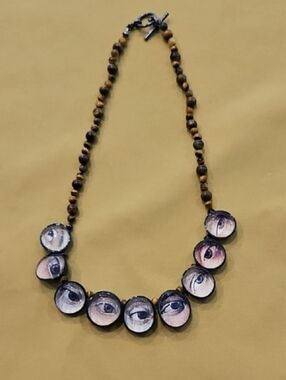 Hand-Painted "Eye" Pendant Necklace Accented w/ Tiger's Eye Beads - Fun & Funky!